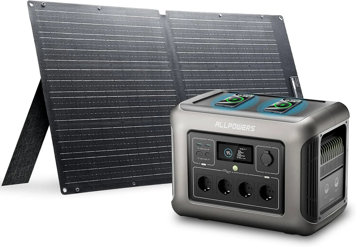 Zonnepaneel, R1500 SP027 LiFePO4, ALLPOWERS Zonnegenerator R1500 met zonnepaneel 100 W SP027, 1152 Wh, draagbaar powerstation, USB-C uitgang 1800 W
