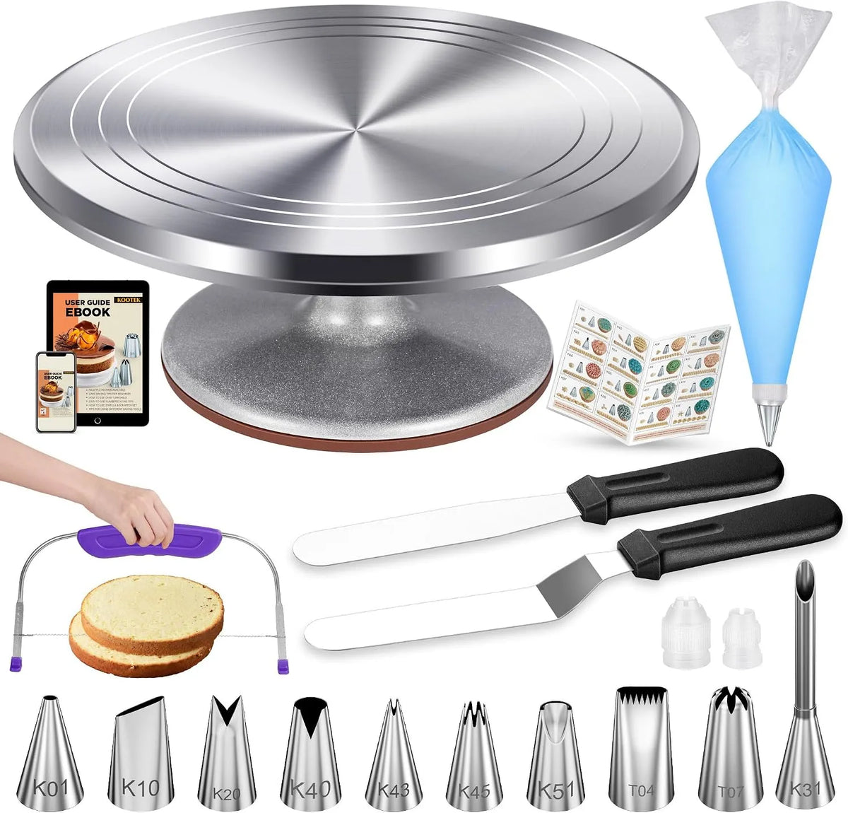 Kootek 51 stuks taartdecoratieset met 30,5 cm aluminium roterende taartdraaitafel met 30,5 cm en aluminium