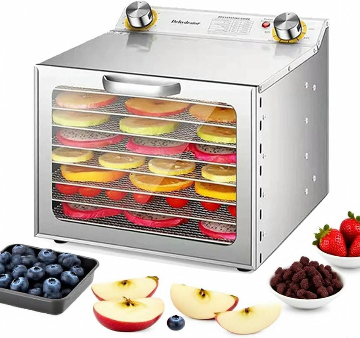 Droger met 800 W, 28,5 x 20 cm, 12 uur, timer en RVS, Groenten En Yoghurt 6 Lagen / 400 W