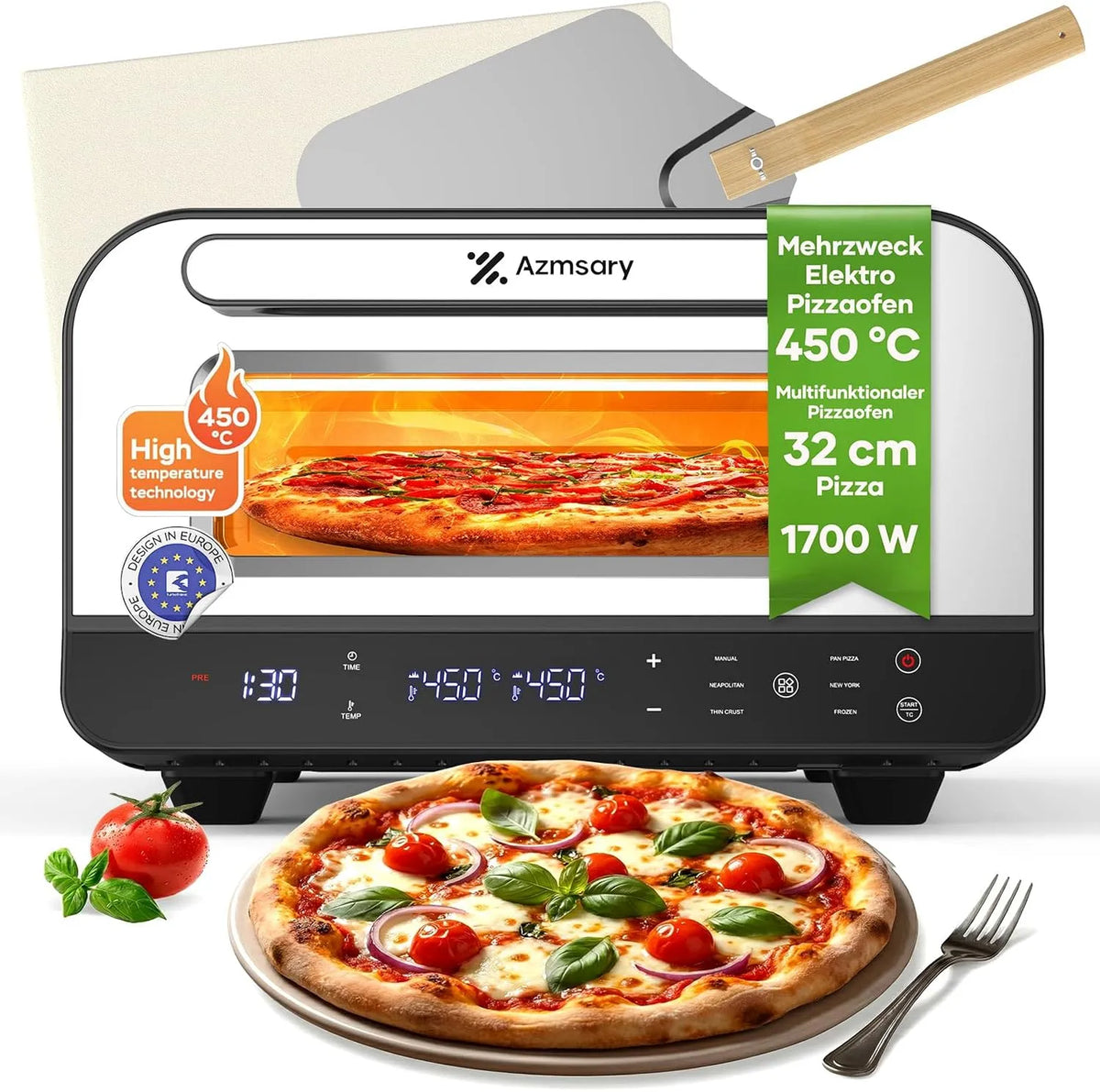 1700 W, 6 programma's, Elektrische pizzaoven, voor 32 cm pizza's – 5-in-1 multifunctioneel: pizza, max. 450 °C, geschikt voor 32 cm pizza's