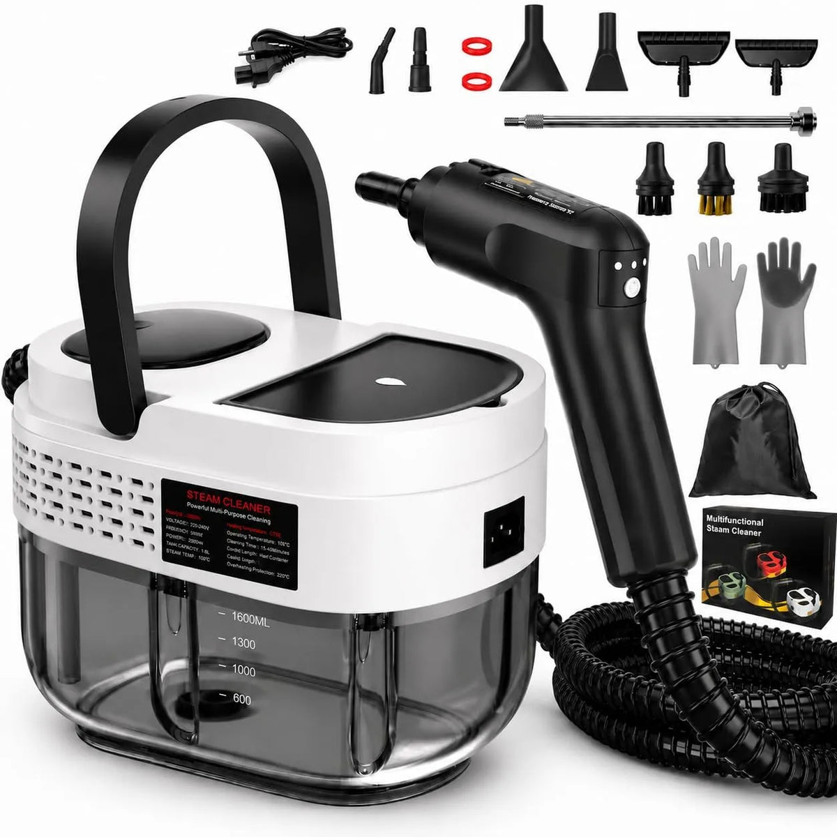 Stoomreiniger met 2500 W, 1600 ml, 3 stoomniveaus, 15 seconden, 45-60 minuten, waterreservoir, handmodel en hogedrukstoom