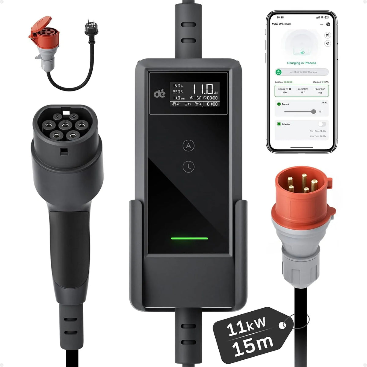 Dé Mobile Wallbox 11kW met app 15 m met 11kW, IP66, IP54, wifi en oplaadstation