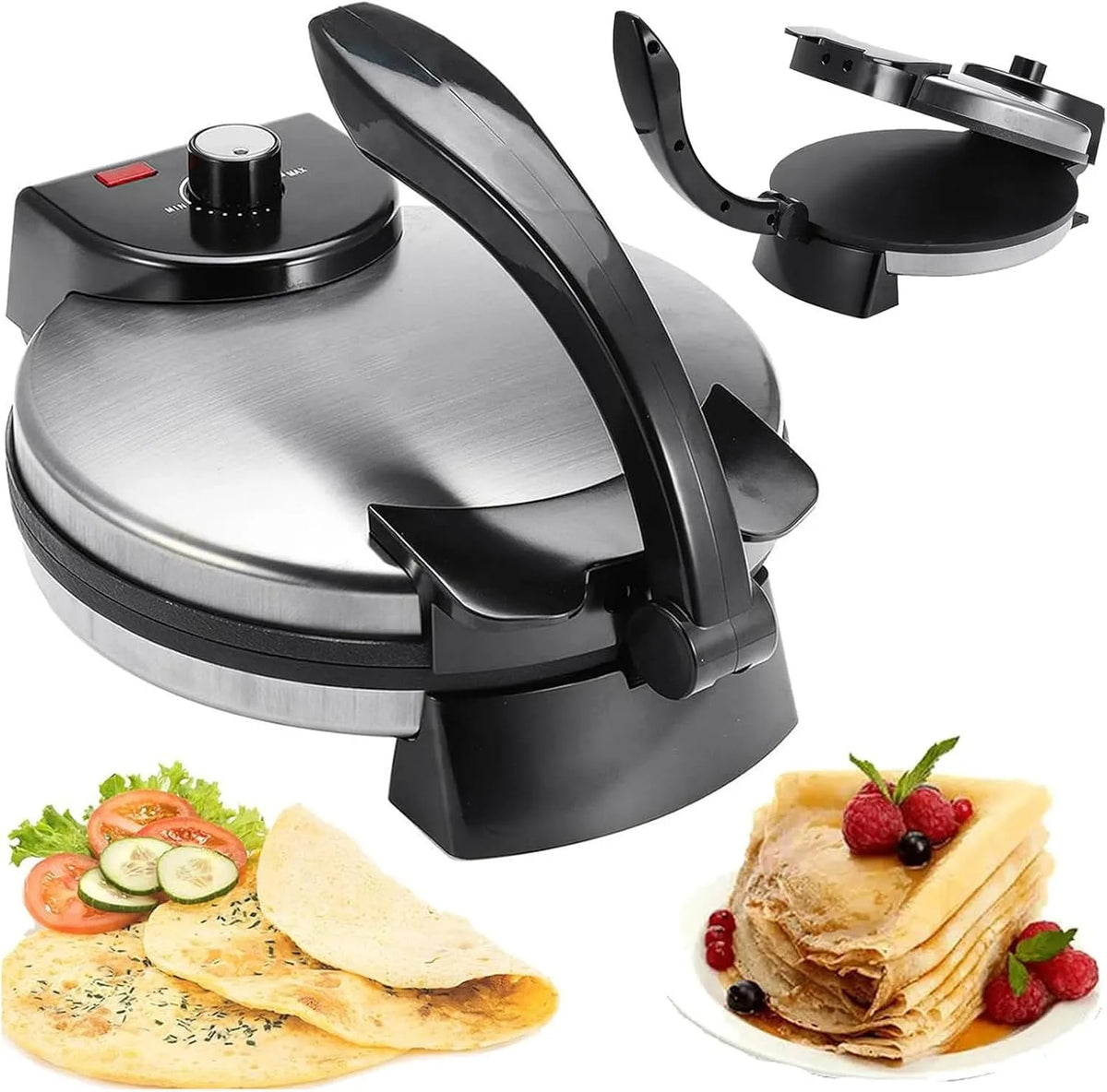 Elektrische Chapati Maker 1500 W met 1500 W, 25 cm, regelbare thermostaat en RVS