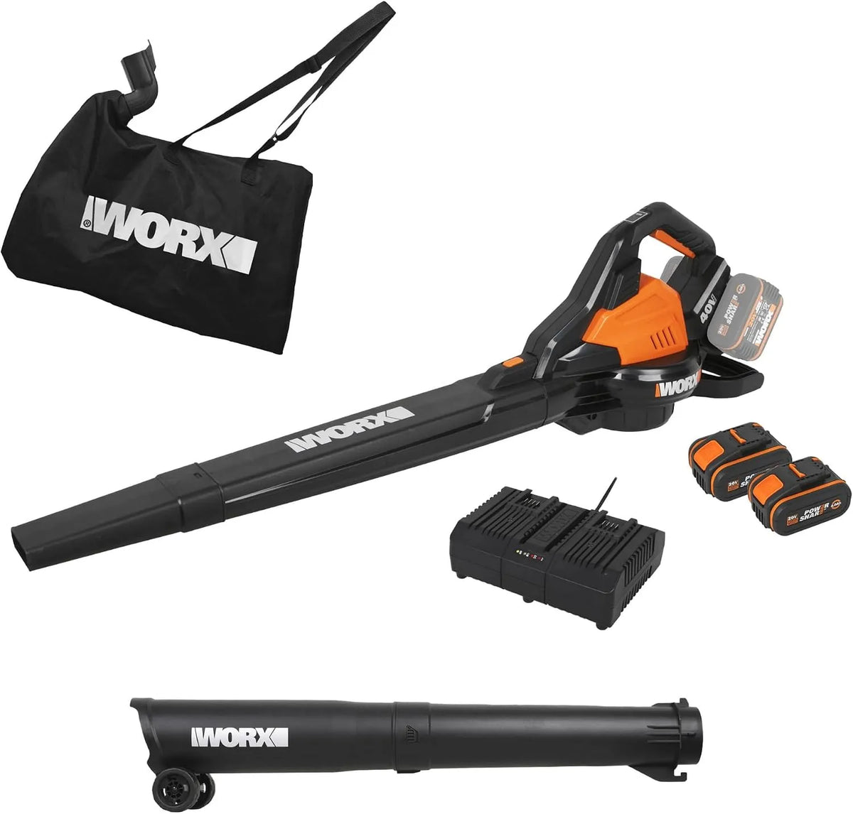 Bladblazer, WG583E, 40V, incl. 2x4Ah batterijen, 4,0 Ah, 2 x 20 V