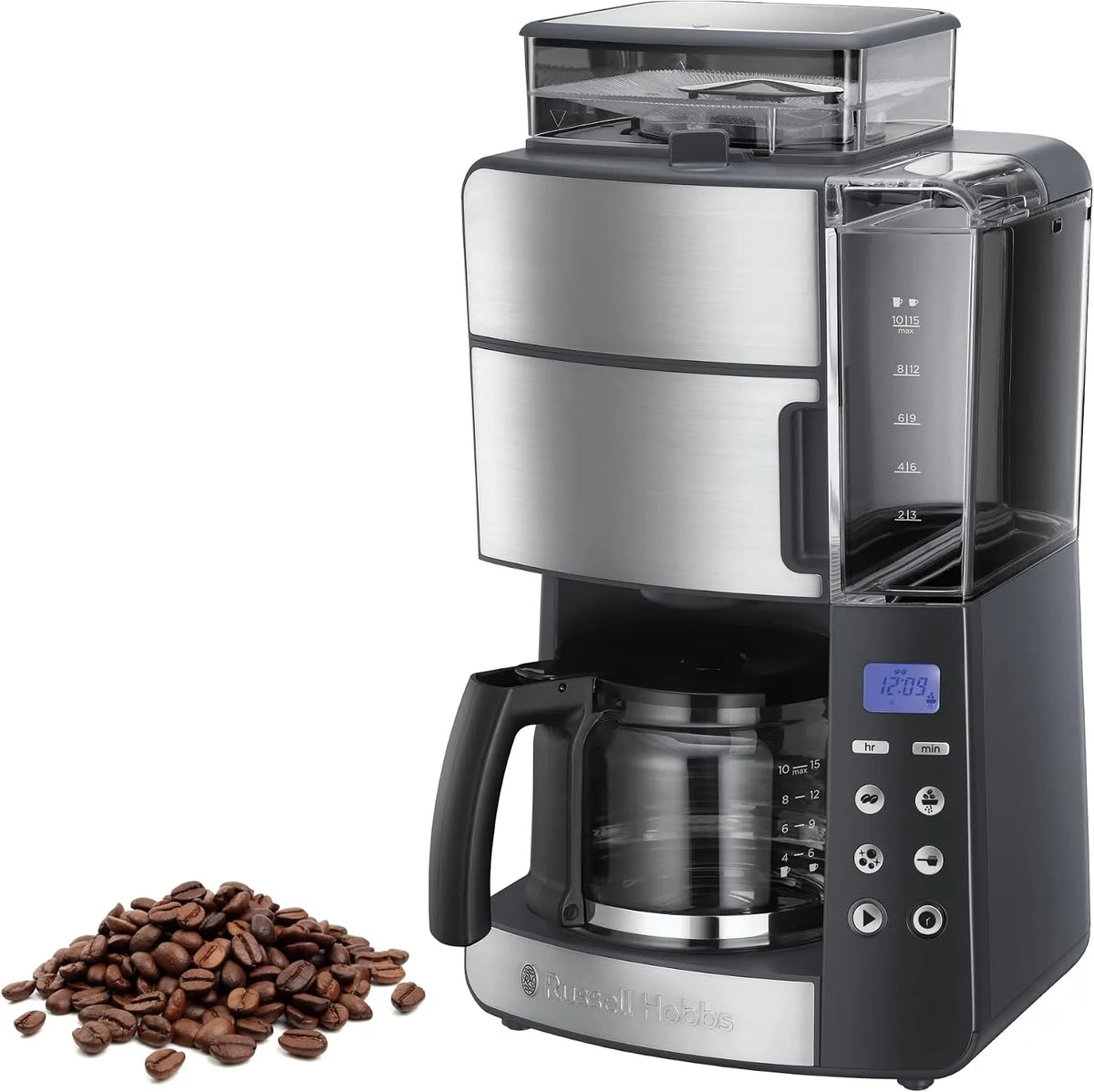 Espressomachine, Russell Hobbs, 3 Maalstanden, 10 Koppen 1,25L, 25610-56, Geïntegreerde Koffiemaler, Instelbare Koffiesterkte, Programmeerbare Timer