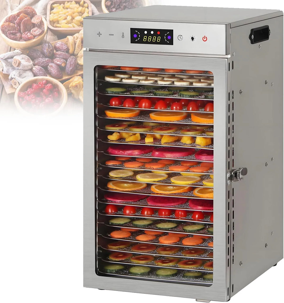 Droger met 30-90 °C, timer, geluidsarme werking en RVS, instelbare digitale temperatuur 30-90 °C voor fruitige groenten 18-Trays