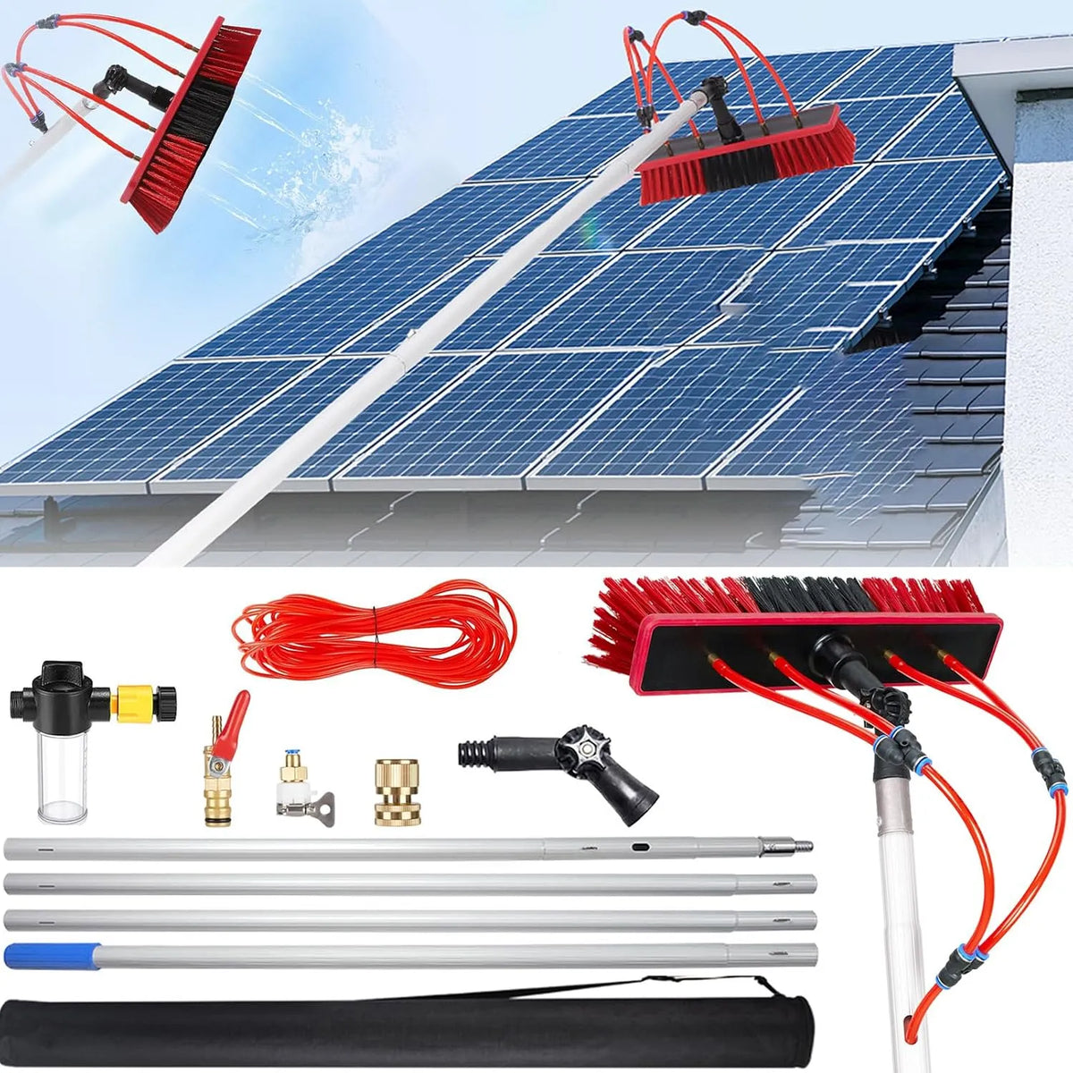 Zonnepaneelreinigingsset, Zonnepaneelreinigingsset -, zeepdispenser en 20 m slang, 55 cm borstel voor onderhoud van PV-systemen