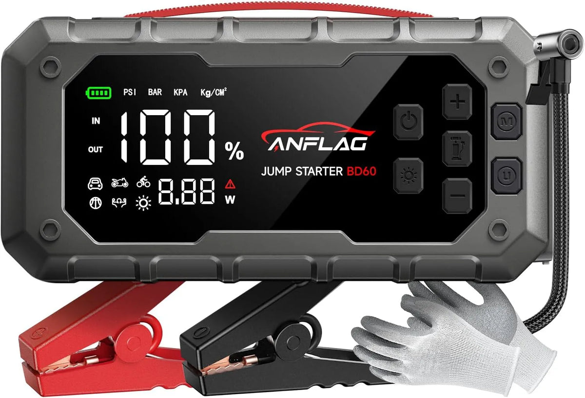 Jump Starter Power Pack met luchtcompressor benzine/14L met 7000A, 12V, digitaal display en oranje