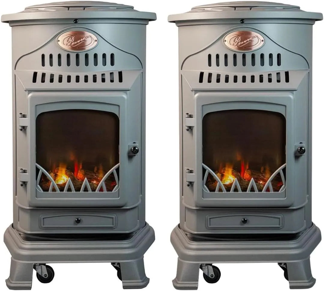 Gaskachel met Set van 2 gaskachels, gietijzer, 3,4 kW, Sahara en vuureffect, grijs