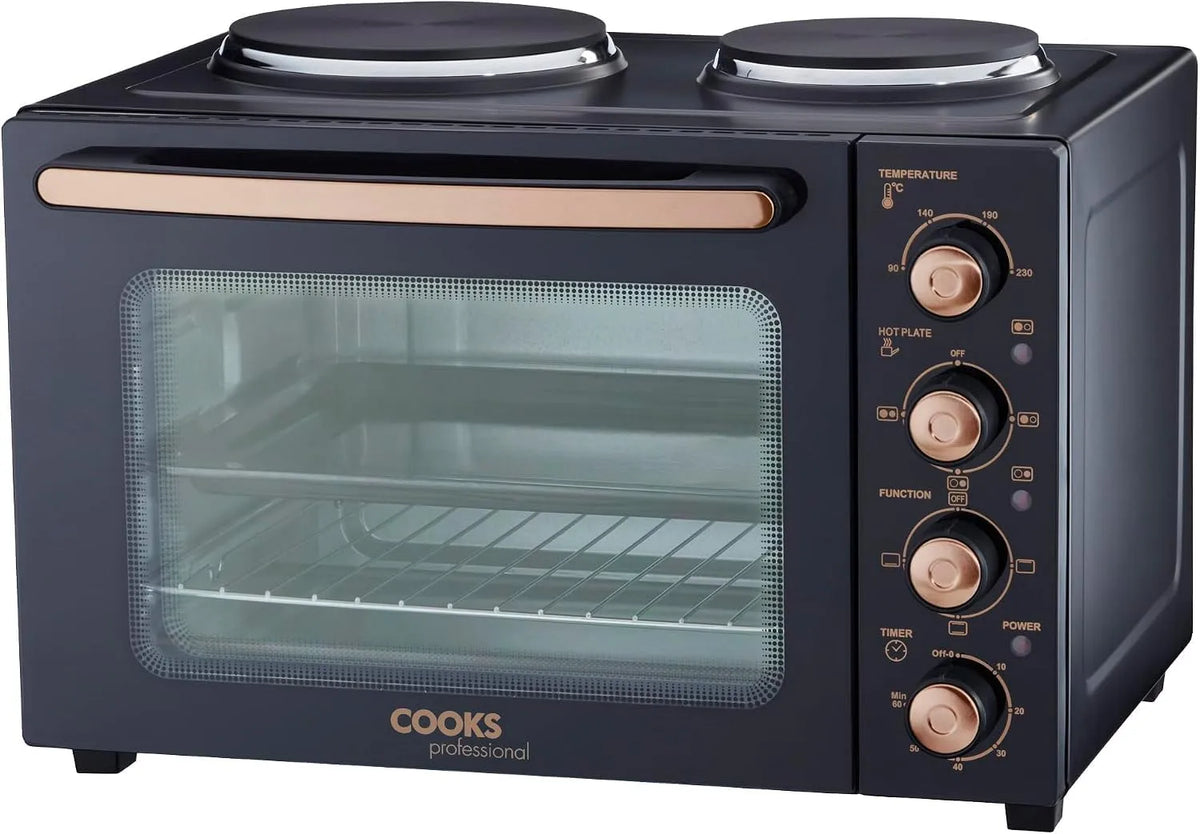 Inbouwoven, inhoud 34 liter, elektrische tafeloven met twee kookplaten en bakrooster en bakplaat, zwart en koper, Cooks Professional