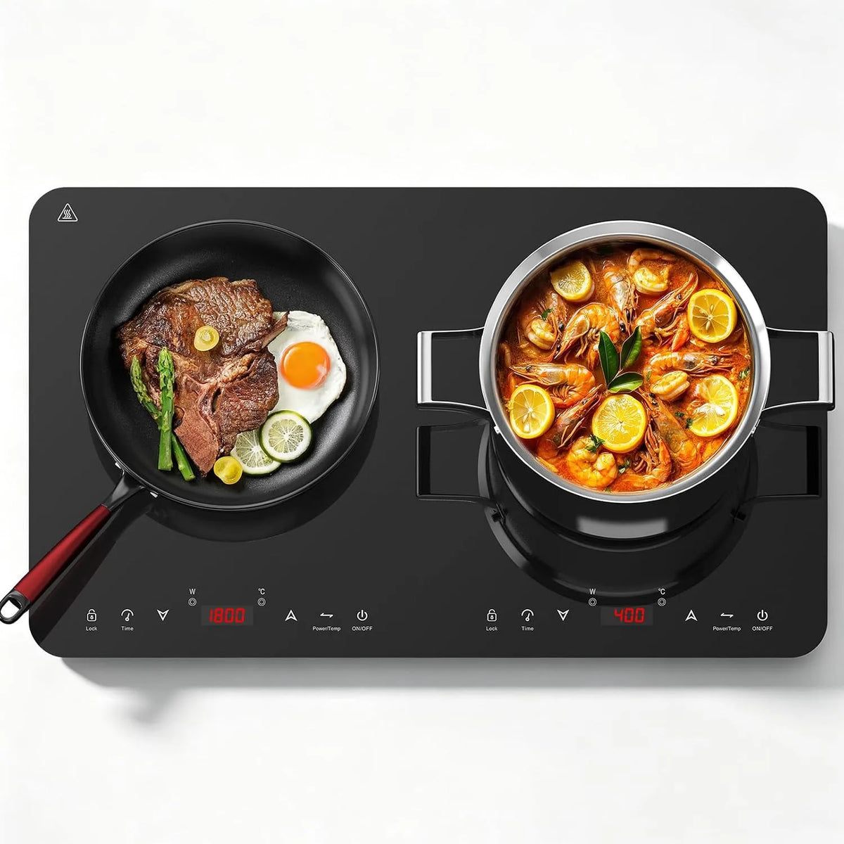 Sensor met 2 platen met warmhoudfunctie, 3500 watt, timer, 20 temperatuurniveaus en 20 standen en max- en min-knop, sensor-touch-bediening