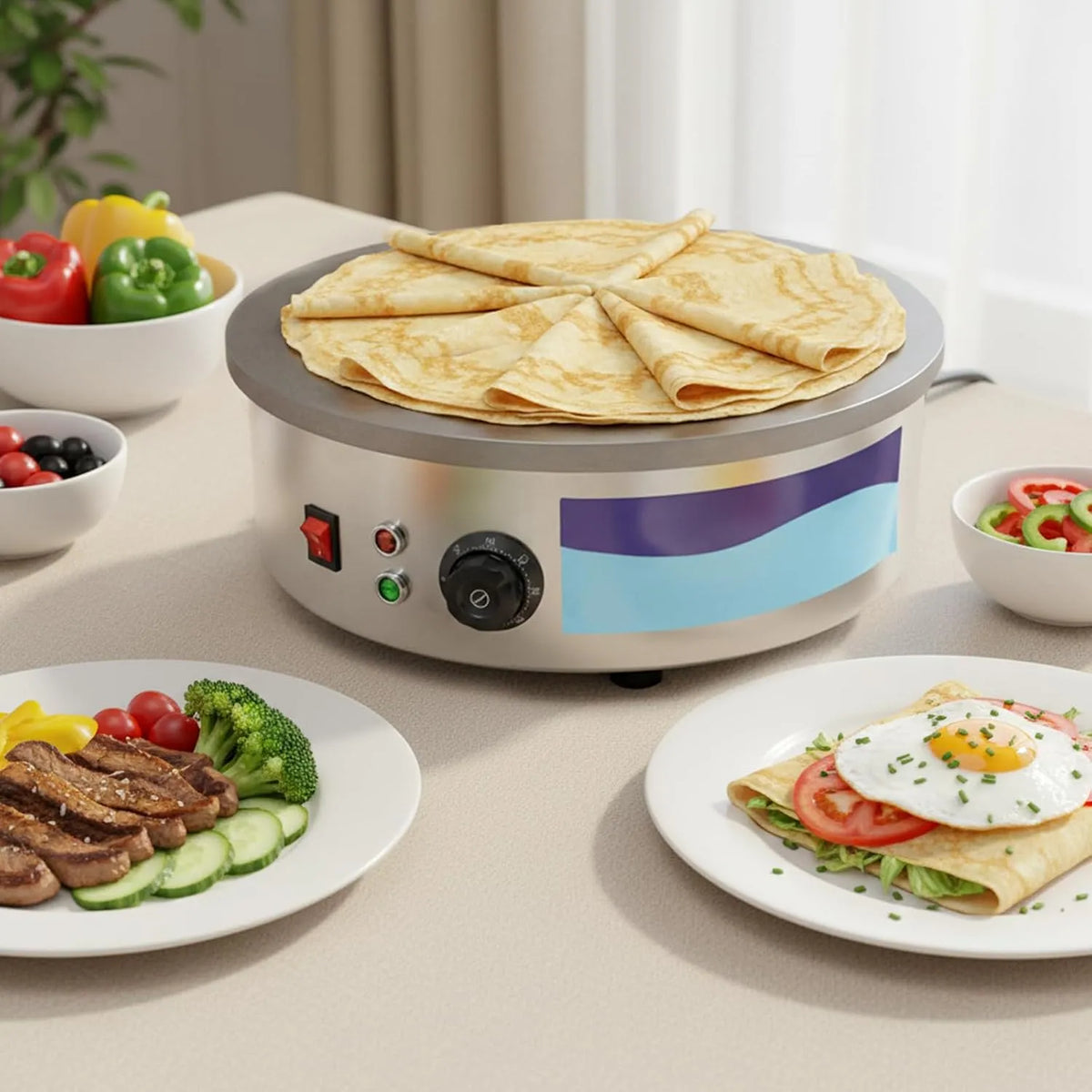 Machine, 45 cm, 3000 W, crêpemachine 50-300 °C, professionele gietijzeren pannenplaat & platenbakker voor gozlemen, yufka en pannenkoeken, met spatel
