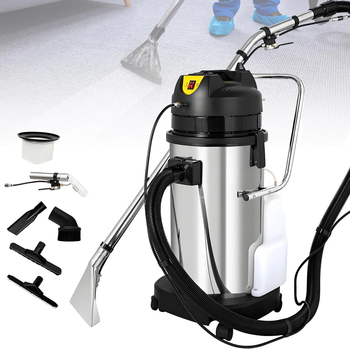 Nat- en droogzuiger, 40L, Commerciële tapijtreinigingsmachine met waterzuigkop en ronde borstel, Tapijtreinigingsmachine Dieptereiniger