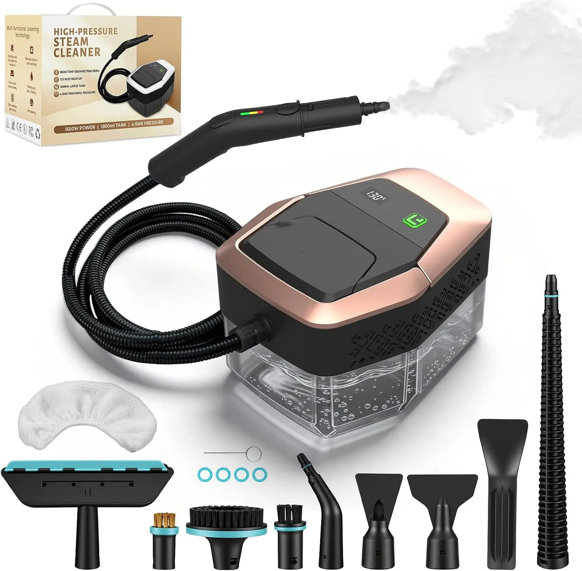 Stoomreiniger met 1500 W, 15 seconden, 1,8 l, 3 seconden, 4 bar, 105 °C, 1800 ml en 3-5 minuten