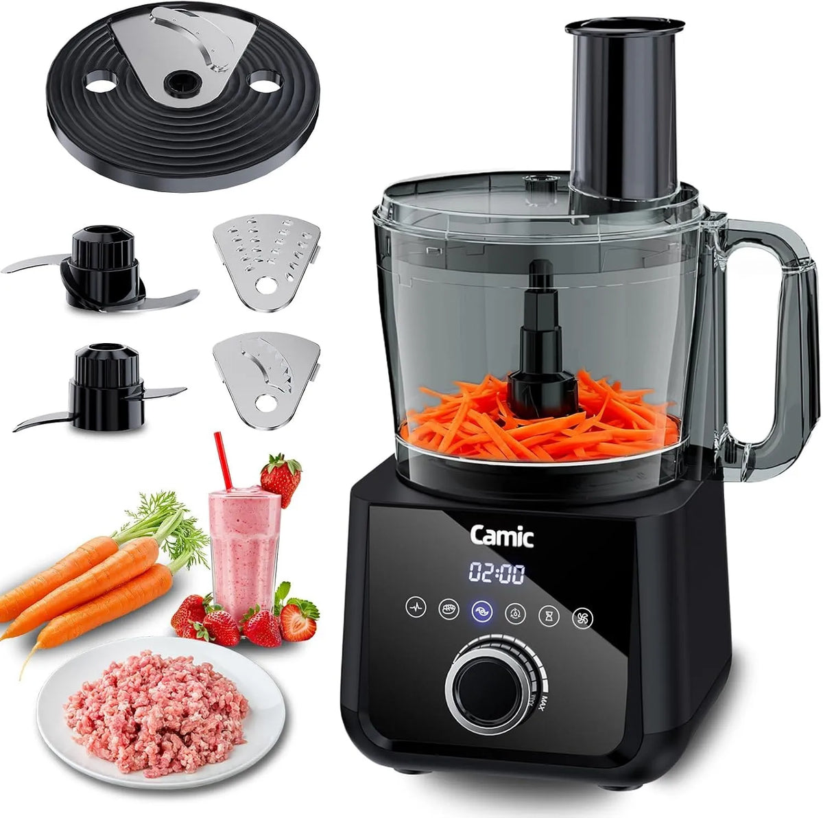 1500 W, 2,5 l, Keukenmachine, Food Processor 1500 W motor, 6 functies, 3-in-1 schijf, Camic Compacte