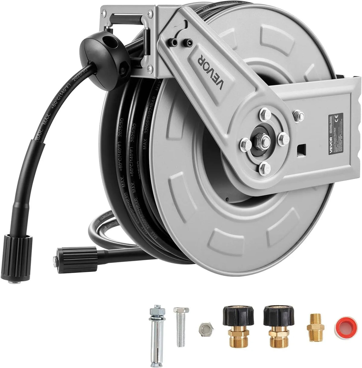 Hogedrukreiniger met 3200PSI Max, flexibele wand/vloer gemonteerd voor autowassen, 19,8 m x 0,6 cm intrekbare krachtige stalen wasslanghaspel