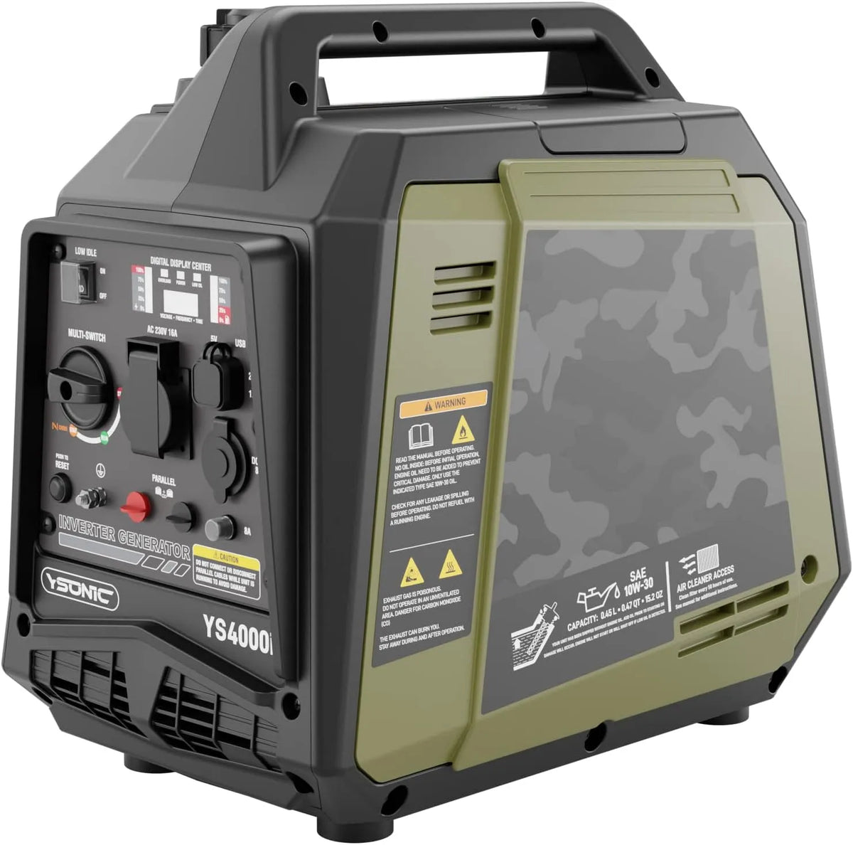 Alarm, inverter met 2 x USB, 62 dB geluidsarm lichte stroomgenerator, noodstroomaggregaat met vermogen en oliepeilalarm, 230 V stopcontact