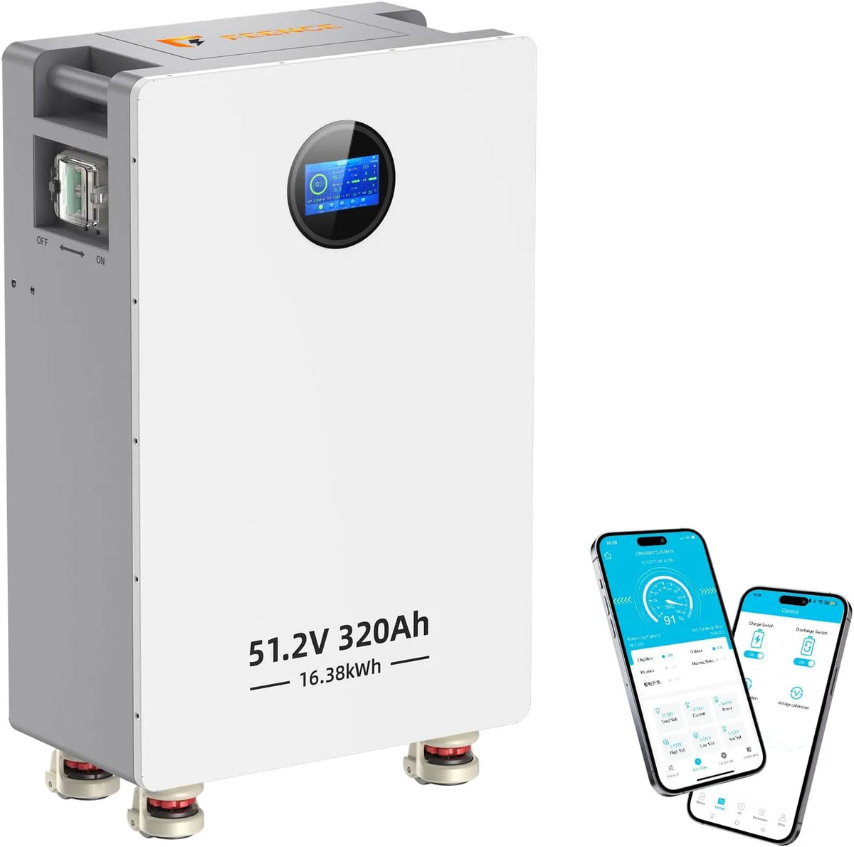 LiFePO4-accu, LiFePO4-accu RS485/CAN/RS232, 320 Ah, 16,384 kWh, 200 A, BMS RS485/CAN/RS232 met Bluetooth/WLAN voor noodstroomvoorziening thuis